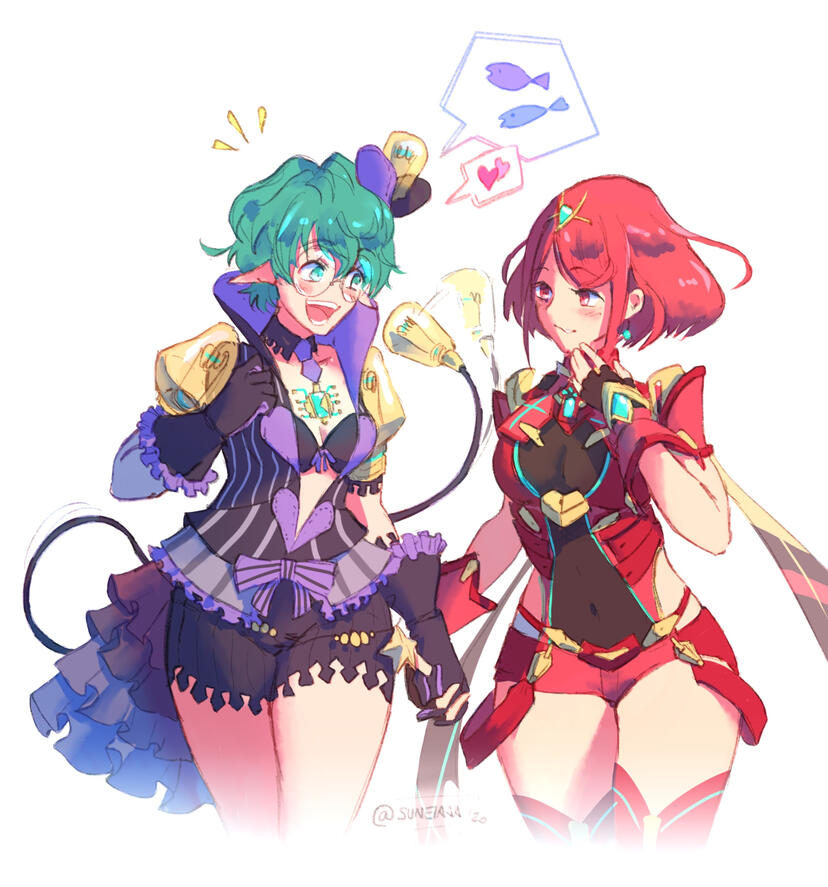 pandoria and pyra from xenoblade 2 holding hands and smiling at each other